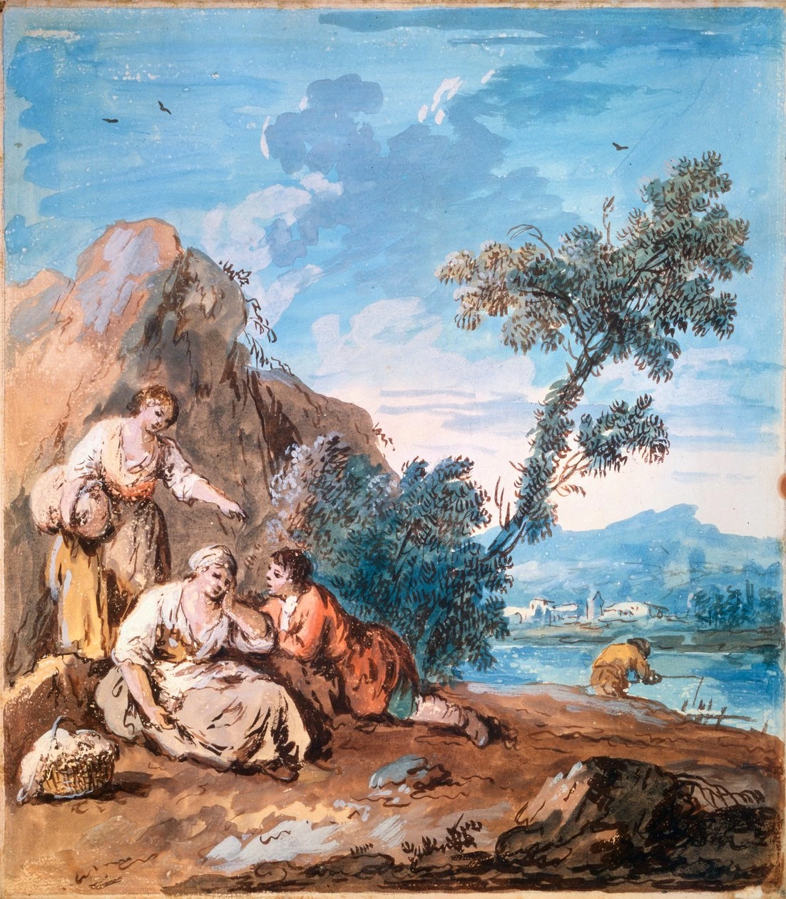 Tre contadini che riposano sulla riva di un fiume